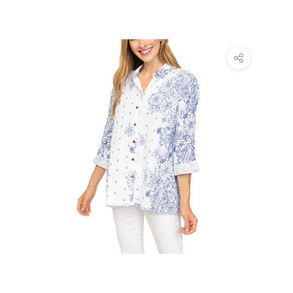 Habitat Floral Crinkled Cotton Button Front Shirt Lagenlook Size Small - Picture 1 of 10